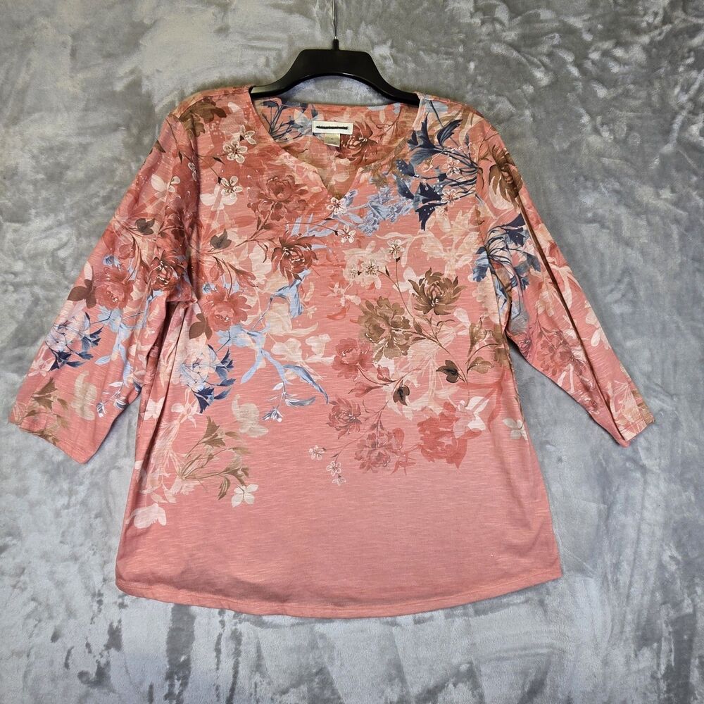 Christopher Banks Shirt Blouse Womens XL Peach Coral Floral 3/4 Sleeve Grandma